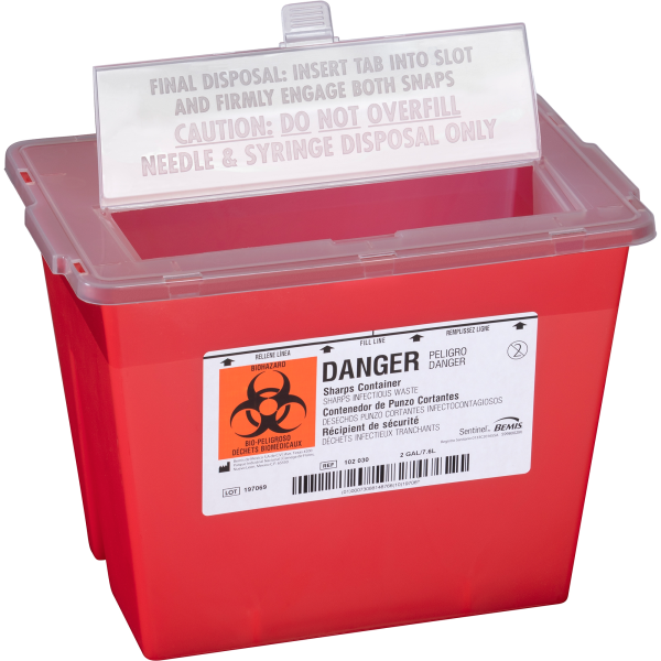 Sharps Container Bemis™ Sentinel Translucent Red Base 8-5/8 H X 11-5/8 L X 7-3/4 W Inch Horizontal Entry 2 Gallon