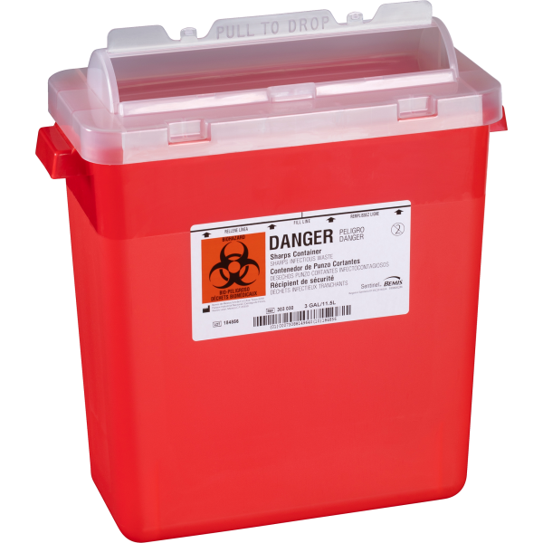 Sharps Container Bemis™ Sentinel Translucent Red Base 15 H X 13-7/8 L X 6-7/8 W Inch Horizontal Entry 3 Gallon