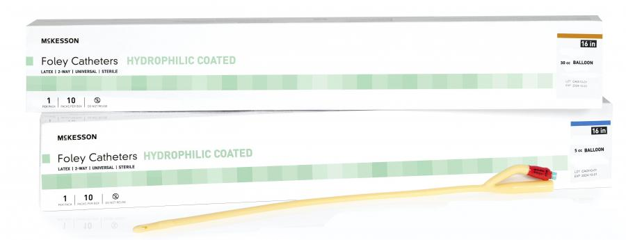 McKesson Foley Catheters, 16 Inch, Latex, 5 cc Balloon, Sterile, Coude Tip, Green, 14 Fr., 2-Way