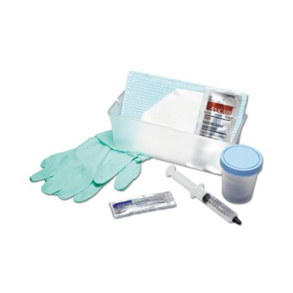 Medline Catheters Insertion Trays, CSR Wrap / (1) 10 cc Syringe / (5) Povidone-Iodine Swabsticks / (2) Dry Swabsticks / (2) Vinyl Gloves / (1) Specimen Container with ID Label / (1) Lubricating Jelly Packet / (1) Inflation Syringe / (1) Underpad / (2) Wrapped Gloves / (1) Fenestrated