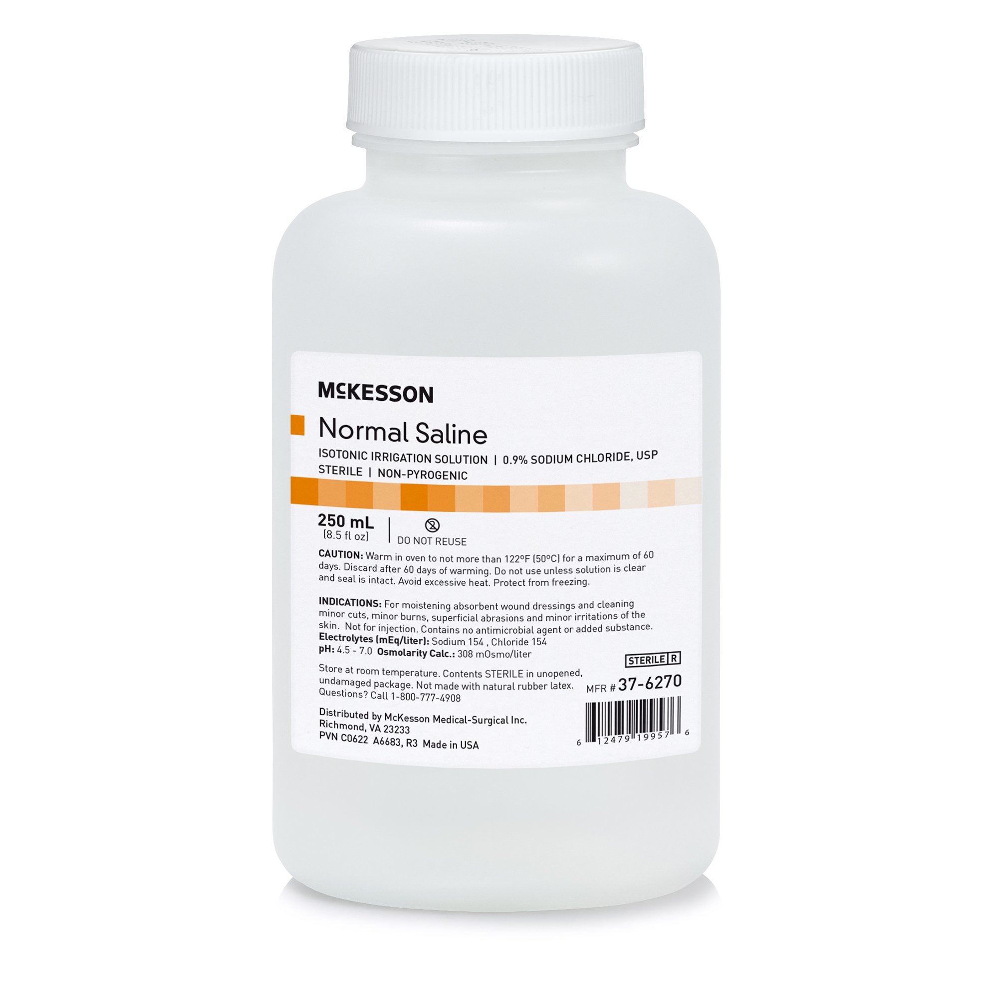 520118_front Irrigation Solution - OTC McKesson 0.9% Sodium Chloride Not for Injection Bottle, Screw Top 250 mL #37-6270 - Image 1