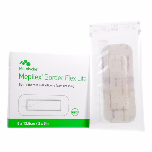 Thin Foam Dressing Mepilex® Border Flex Lite 2 X 5 Inch With Border Film Backing Silicone Adhesive Rectangle Sterile #581100