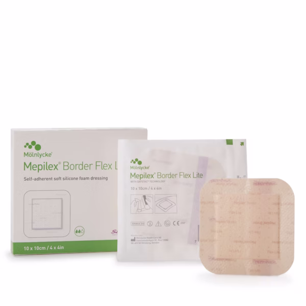 Thin Foam Dressing Mepilex® Border Flex Lite 4 X 4 Inch With Border Film Backing Silicone Adhesive Square Sterile #581300