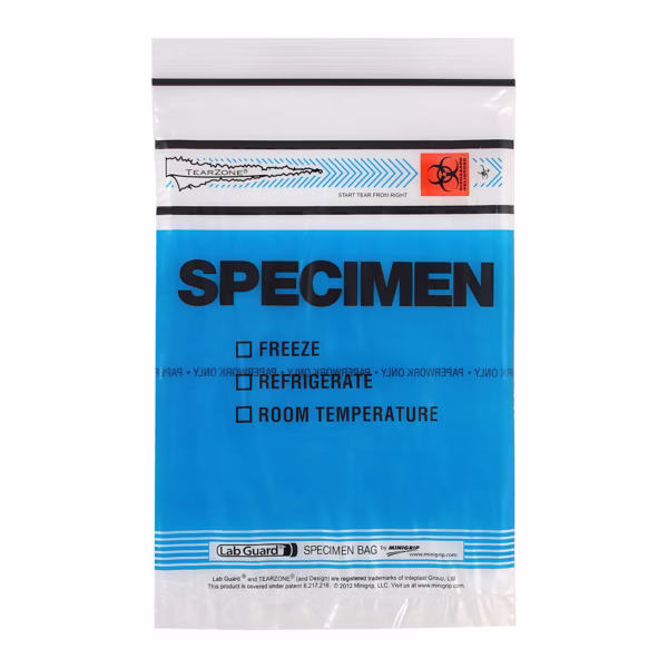 Specimen Transport Bag with Document Pouch Lab Guard® TearZone® 6 X 9 Inch Zip Closure Biohazard Symbol / Storage Instructions NonSterile #MGTZ69BLU
