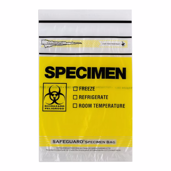 Specimen Transport Bag with Document Pouch Lab Guard® TearZone® 6 X 9 Inch Zip Closure Biohazard Symbol / Storage Instructions NonSterile #MGTZ69YEL